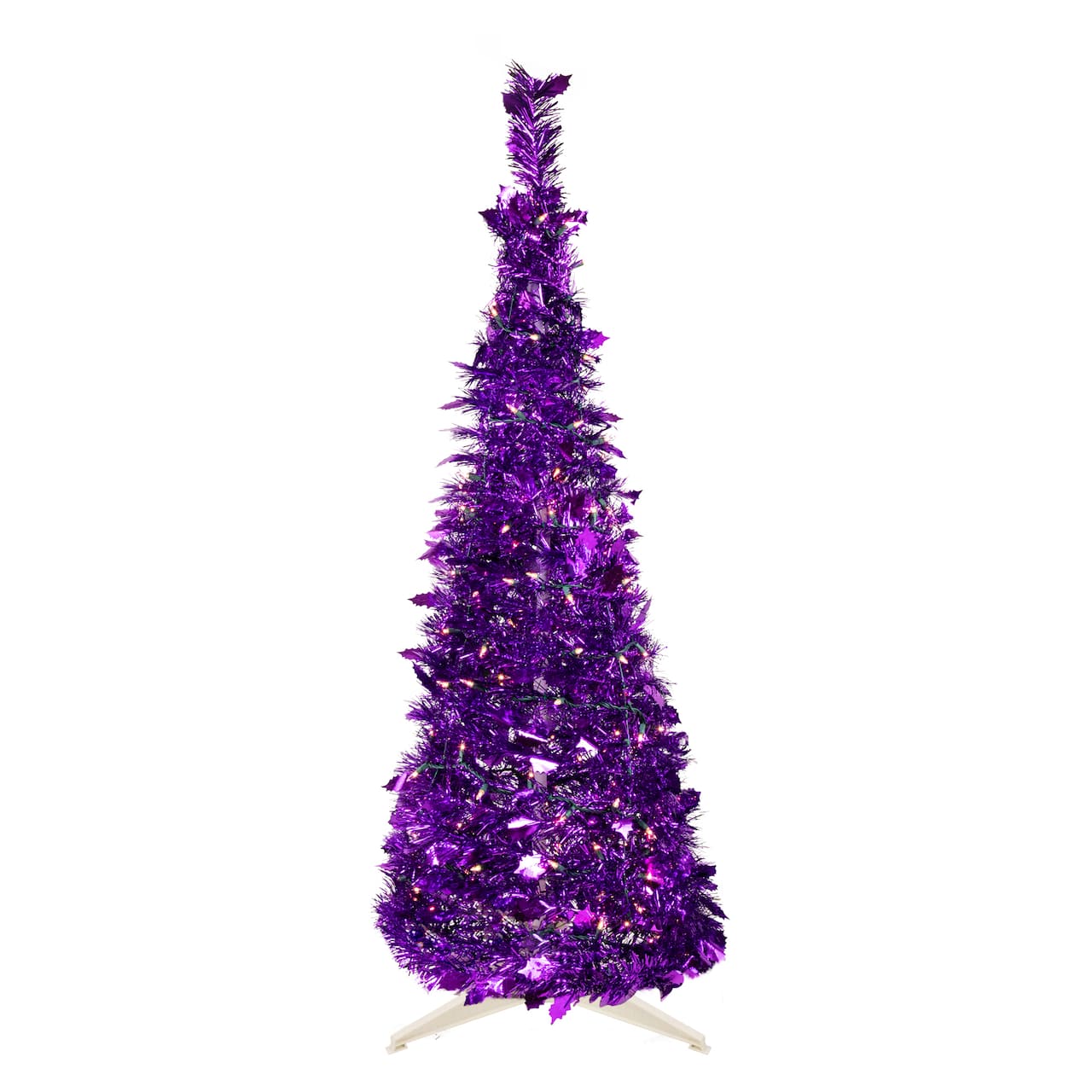 6ft. Pre-Lit Purple Tinsel Pop-Up Artificial Christmas Tree, Clear Lights